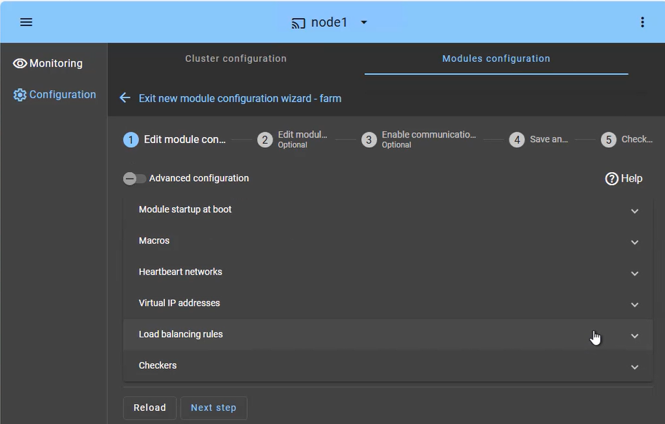 SafeKit Web Console: Farm cluster configuration for network load balancing and virtual IP management.