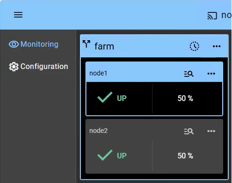 SafeKit Console: Monitoring a 2-node Farm cluster showing both nodes in UP state with active load balancing.