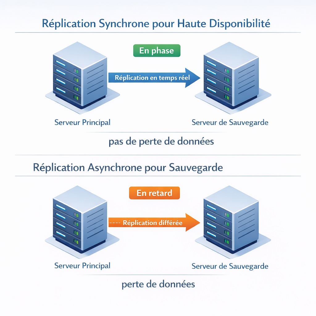 Schéma comparatif de la réplication synchrone vs asynchrone montrant le risque de perte de données lors du basculement