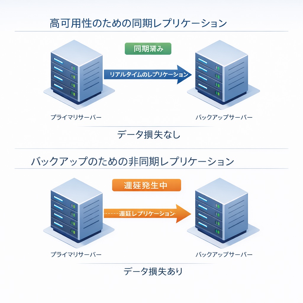 フェイルオーバー時のデータ損失リスクを示す、同期レプリケーション対非同期レプリケーションの比較図