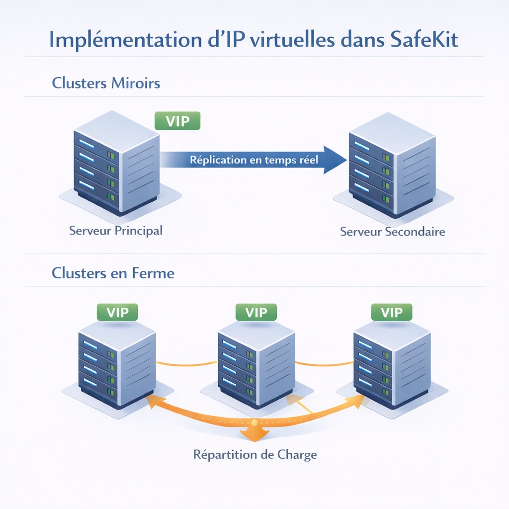 Schéma comparatif du comportement de l'IP virtuelle (VIP) dans Evidian SafeKit : Clusters Mirror avec IP flottante sur le nœud actif vs Clusters Farm avec répartition de charge réseau sur tous les nœuds.