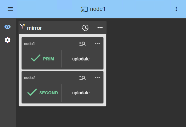 SafeKit Web Console: Real-time monitoring of a 2-node mirror cluster for PostgreSQL showing PRIM and SECOND states with active data replication.