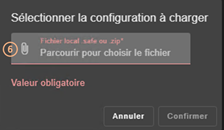 Image de la console web SafeKit
Sélectionnez un fichier local avec l'extension .safe ou .zip pour charger une configuration de module à partir de la page d'accueil de la configuration du module