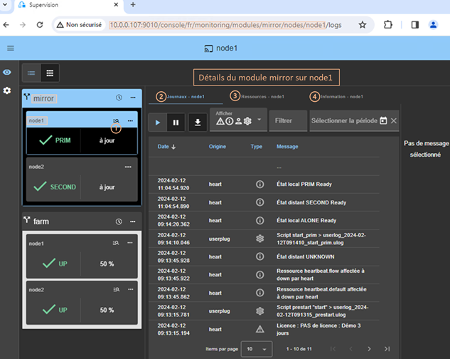 Image de la console web SafeKit
Cliquer pour ouvrir ou fermer les détails du module sur un nœud :
les journaux du module avec l'onglet Journaux
les ressources du module avec l'onglet Ressources
les informations sur le nœud avec l'onglet information