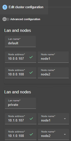 Image de la console web SafeKit
Éditer la configuration du cluster en utilisant l'assistant de configuration du cluster.  Ajouter un nouveau LAN et définir les adresses IP de 2 nœuds sur ces réseaux